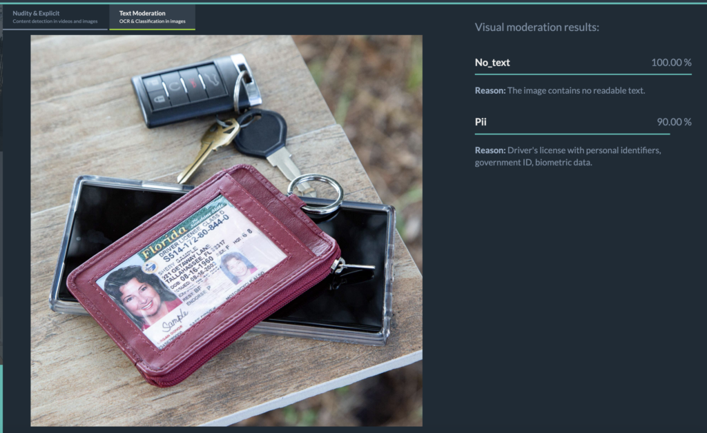 imagga text in image moderation - PII